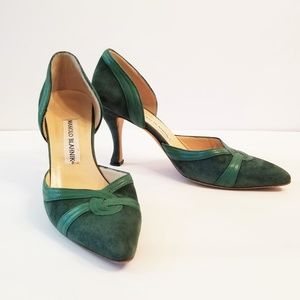 Manolo Blahnik Green Suede D'Orsay Pumps EU 37